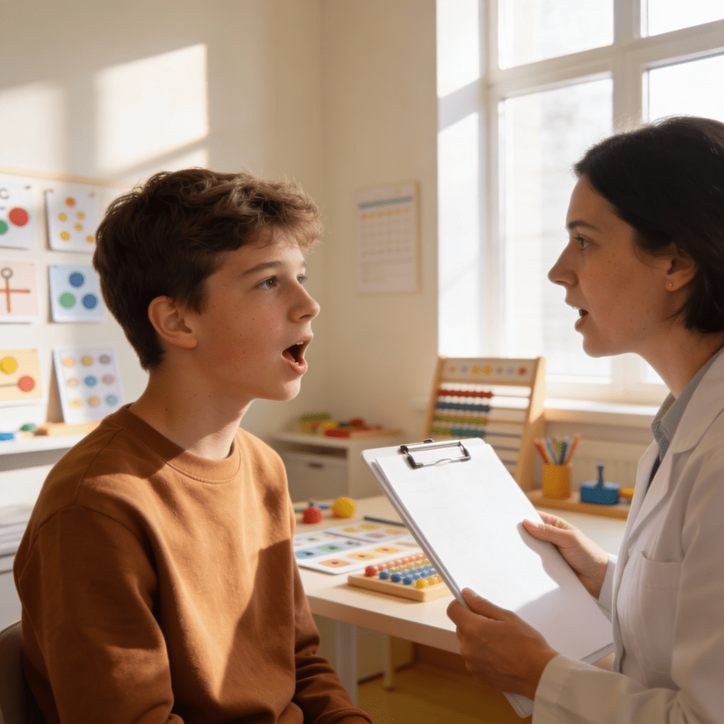 Profesional enseñando a adolescente