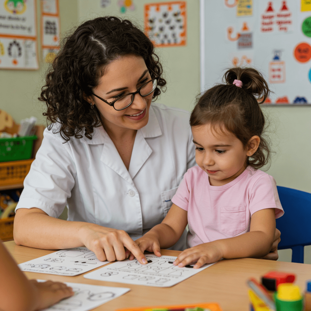 Profesional enseñando a niña